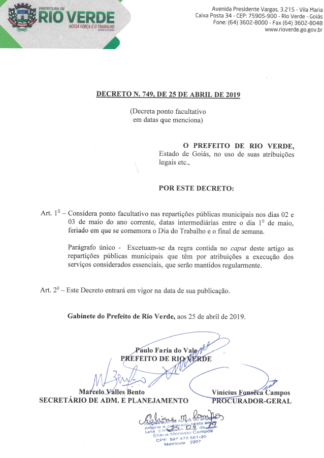 DECRETO N. 749, DE 25 DE ABRIL DE 2019