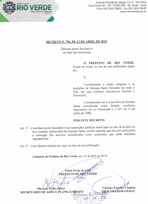 Decreto Nº 706, de 12 de Abril de 2019